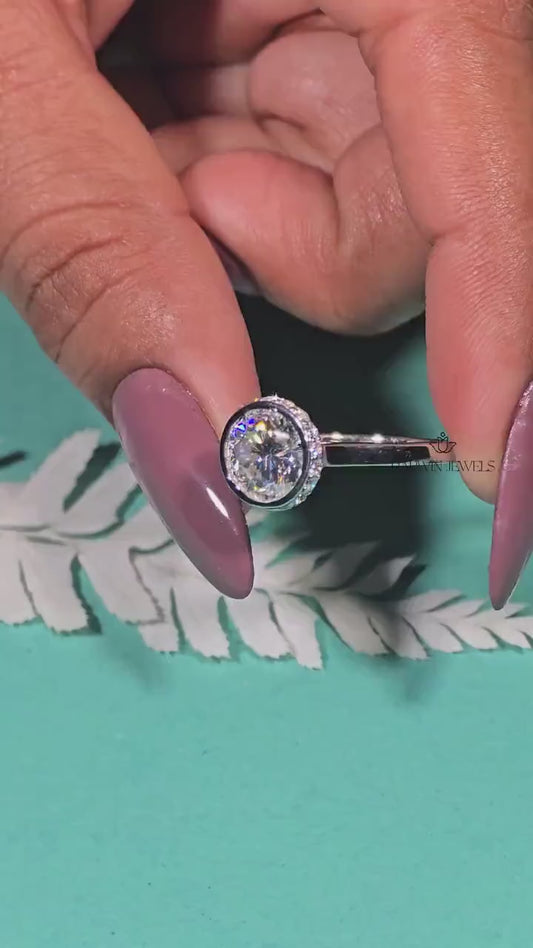 Unique Round Cut Hidden Halo Moissanite Engagement Ring/14K Solid White Gold Promise Ring/Bezel Set/Personalized Gift/Wedding/Ring For Women