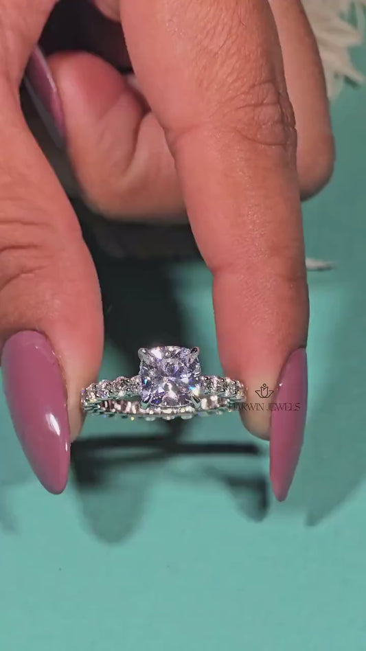 Cushion Cut Moissanite Pave Full Eternity Hidden Halo Engagement Ring Set in 18k White Gold, Pave Solitaire Ring , Proposal Ring, Gifts