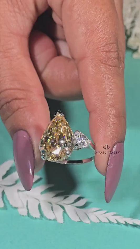 Three Stone 10.0 CT Yellow pear Moissanite Ring Engagement Ring with Wedding Gift, Ring For Women's, Tear Drop Ring/ Promise Gift for Her.