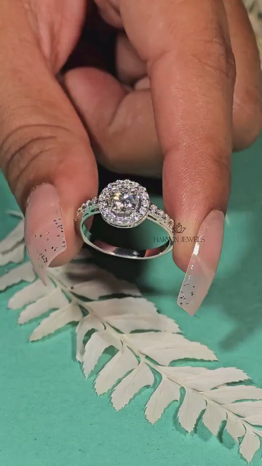 Round Brilliant Cut Lab Grown Diamond Ring, Halo Engagement Ring, 0.75CT to 1.25CT Anniversary Ring, Pave Wedding Ring, 14k White Gold