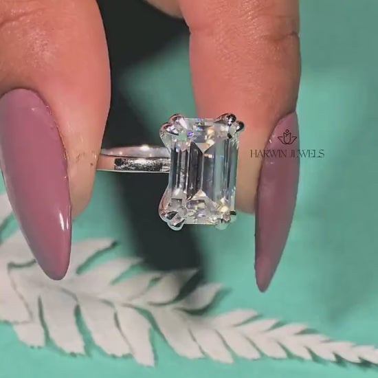 Engagement Ring for Her, 14K Solid White Gold Emerald Cut Moissanite Wedding Ring, Double Prongs Bridal Ring, Valentine's Day, Promise Ring