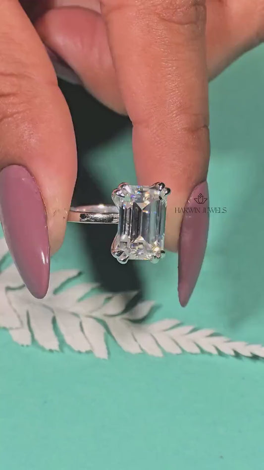 Engagement Ring for Her, 14K Solid White Gold Emerald Cut Moissanite Wedding Ring, Double Prongs Bridal Ring, Valentine's Day, Promise Ring