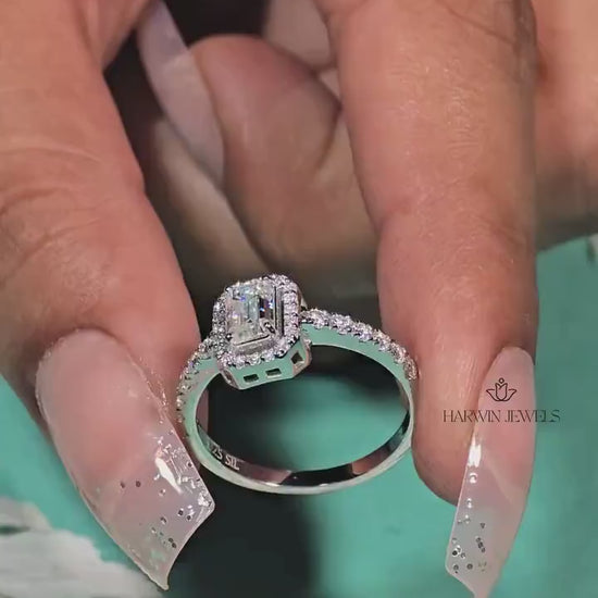 Emerald Cut Halo Ring, 0.50 CT to 1.00 CT Lab Grown Diamond Engagement Ring, Wedding Ring For Her, 14k white gold ring, Emerald pave band
