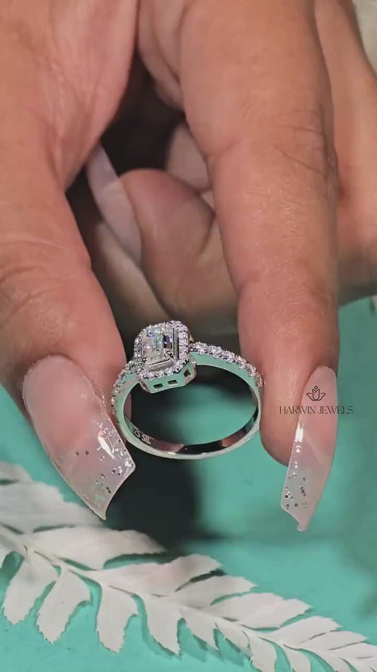 Emerald Cut Halo Ring, 0.50 CT to 1.00 CT Lab Grown Diamond Engagement Ring, Wedding Ring For Her, 14k white gold ring, Emerald pave band