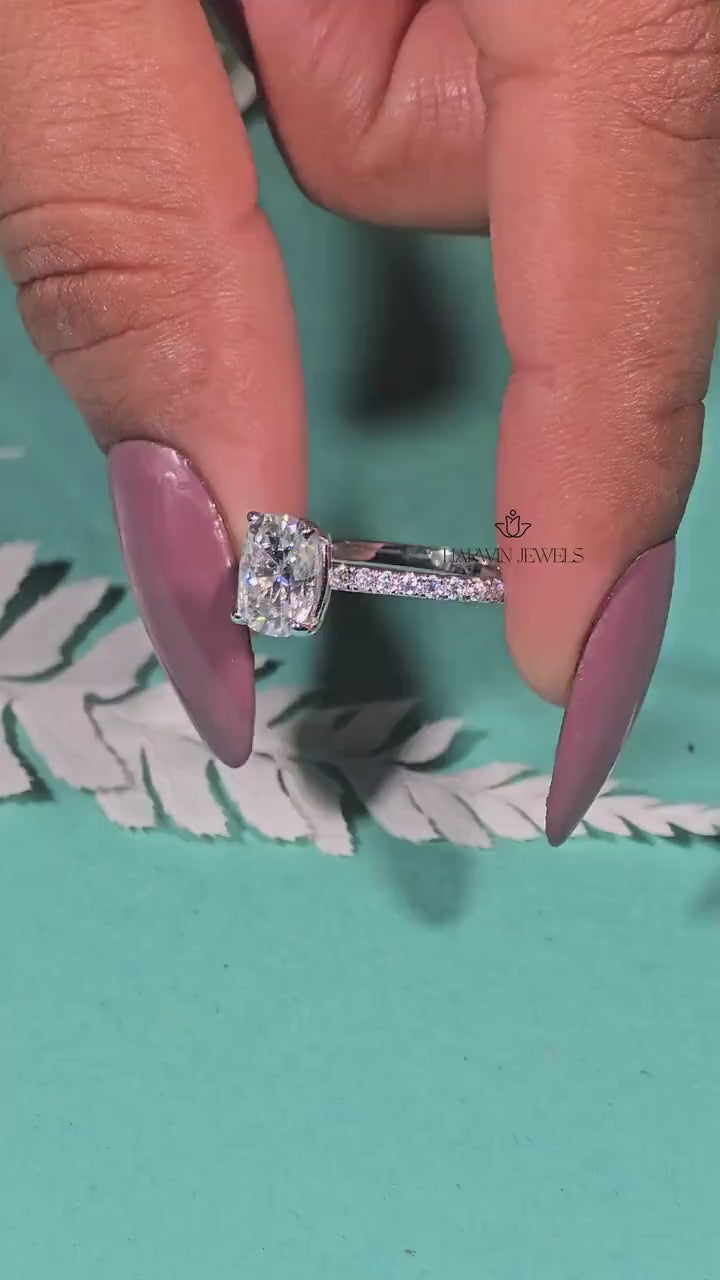 Elongated Cushion Cut Engagement Ring for Women, 3.0carat Moissanite/ Promise Ring Gift For Her , 14K White Gold Pave Set Ring, Promise Ring