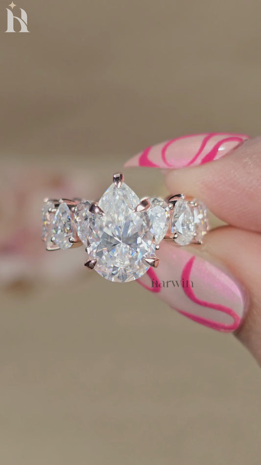 5CT Pear Cut Moissanite Engagement Ring 4x6 MM Side Stone Band, Unique Bridal Ring