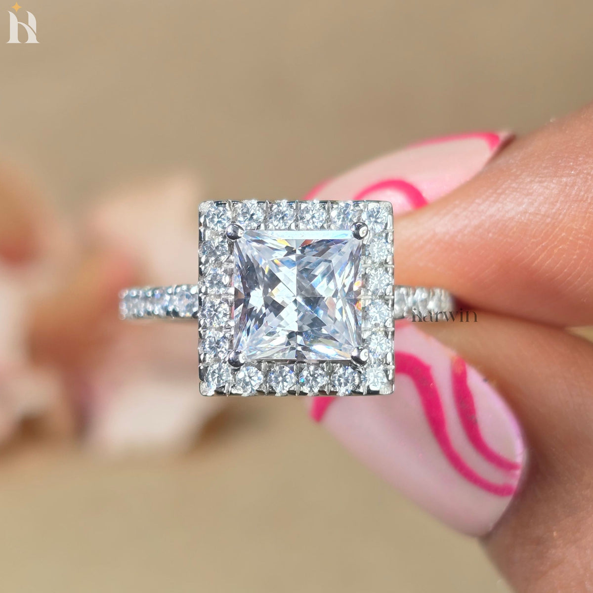 Princess Cut 2.00CT Moissanite Halo Ring, Eternity Pave Band