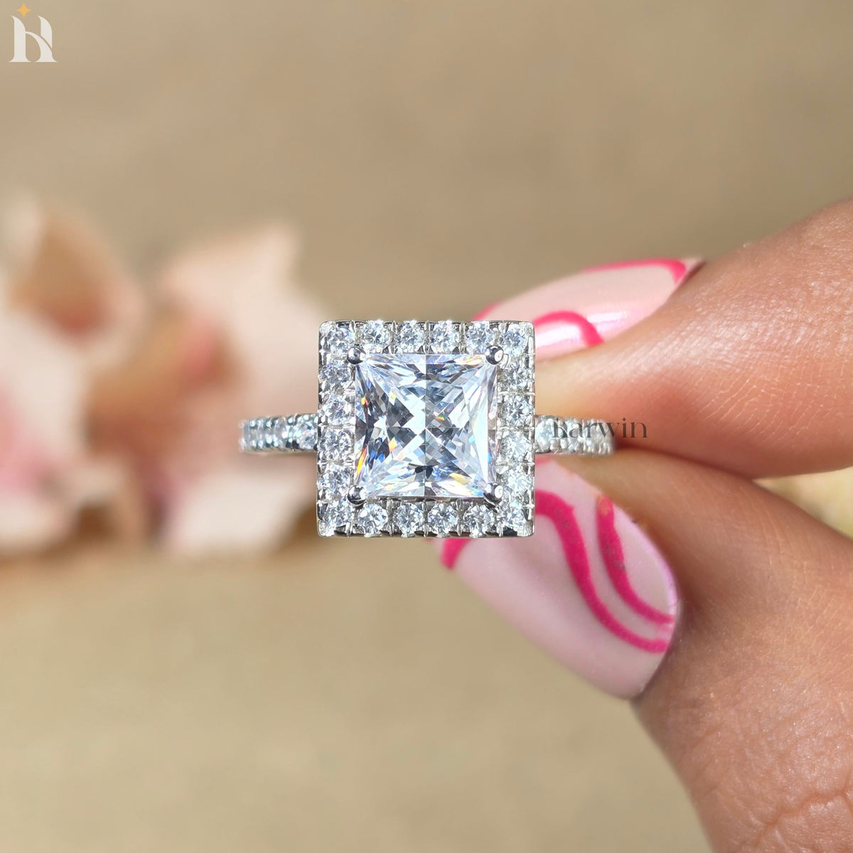 Princess Cut 2.00CT Moissanite Halo Ring, Eternity Pave Band