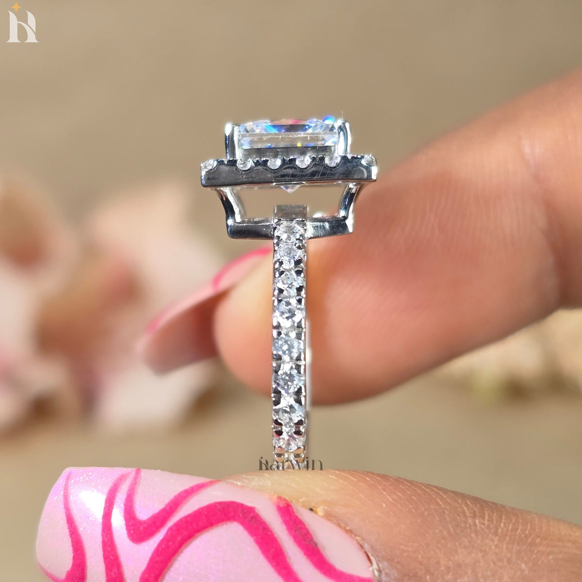 Princess Cut 2.00CT Moissanite Halo Ring, Eternity Pave Band