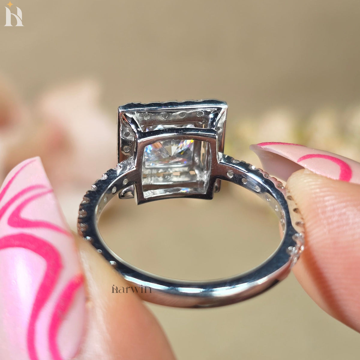 Princess Cut 2.00CT Moissanite Halo Ring, Eternity Pave Band