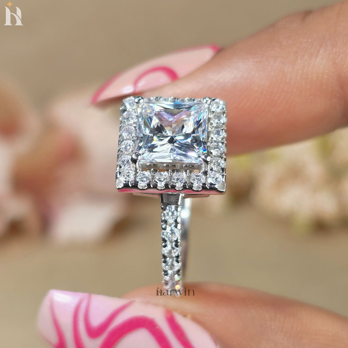 Princess Cut 2.00CT Moissanite Halo Ring, Eternity Pave Band