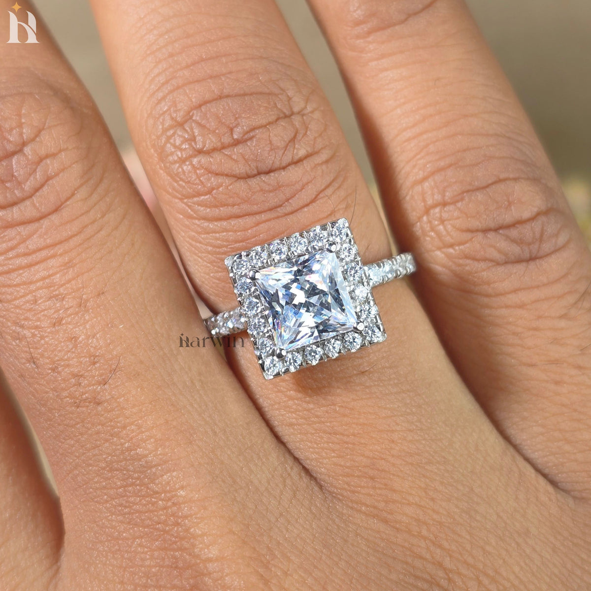 Princess Cut 2.00CT Moissanite Halo Ring, Eternity Pave Band